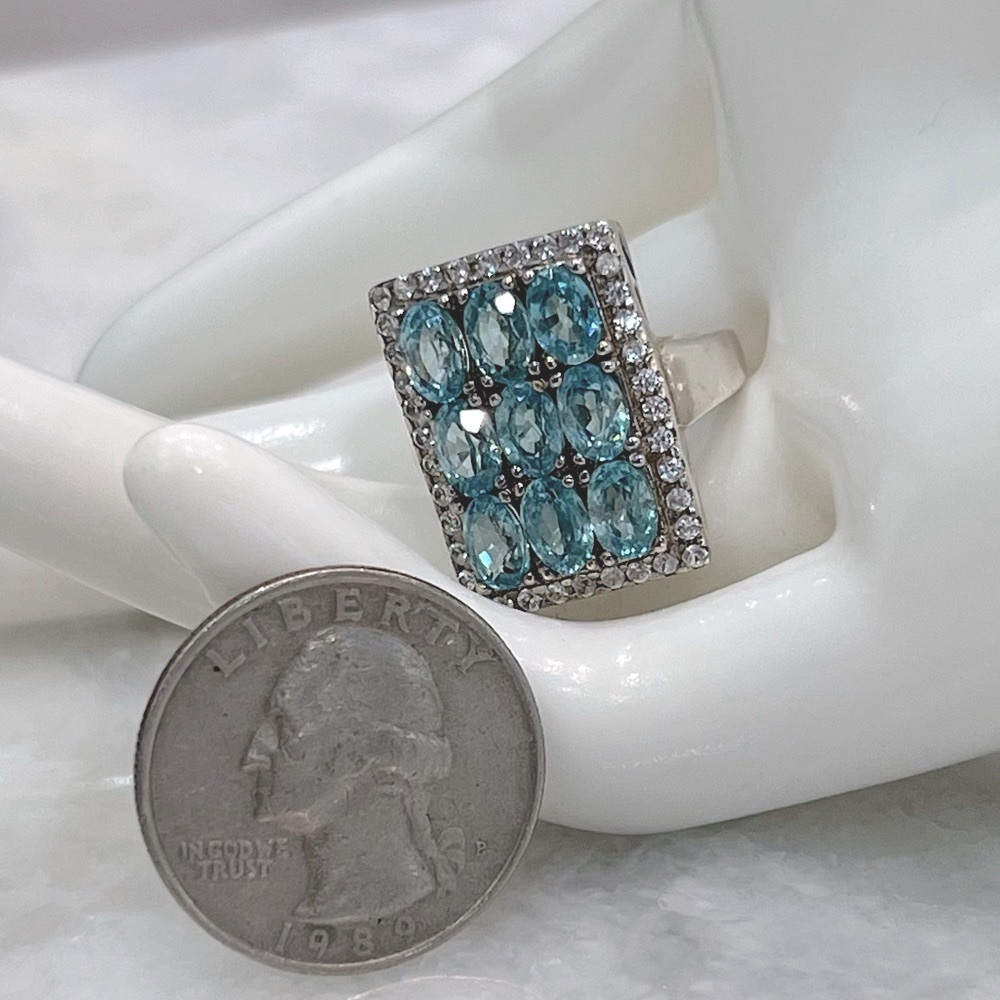 Cambodian Blue Zircon White Zircon Sterling Silver Rectangular Cluster R… - Picture 14 of 14